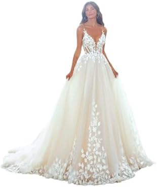 Amazon.com: Halter V-Neck Ball Gown Wedding Dresses for Bride 2026 Lace  Bridal Dress Champagne Wedding Gowns for Bride US0 : Clothing, Shoes &  Jewelry