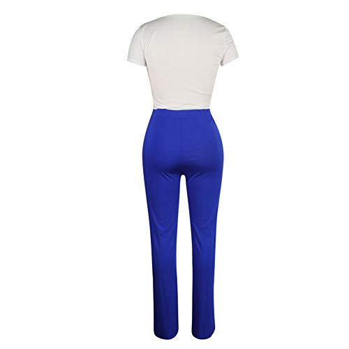 Desirepath Women Two Piece Outfits Sets Tie Knot Front Short Sleeve Printed Top Long Pants Sets Blue