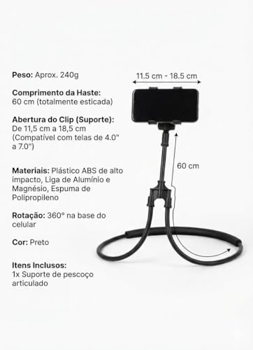 Suporte Articulado Flexível para Celular, Suporte de Pescoço Universal 360 Graus, Mãos Livres, Preto ideal para Leituras.