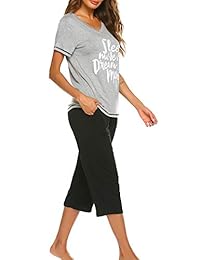 Ekouaer - Conjunto de pijama de manga corta y pantalón capri para mujer con bolsillos