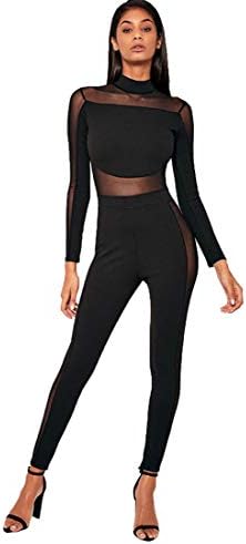 Women's Sexy Mesh Stitching Mock Neck Sports Jumpsuits Hight Waist Long Sleeve Bandage Bodysuit Catsuit Party Clubwear
