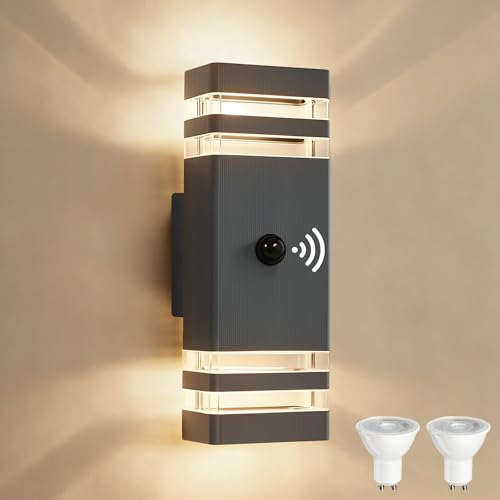 YOVGQOLV PIR Motion Sensor Lights Outdoor Up Down Front Door Light GU10 | Square Exterior Sconce Mains Powered with 2×5W 3000K GU10 Bulbs,IP54 Waterproof Outside Lights Porch,Anthracite Grey 1 Pack