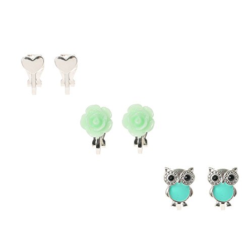 Claires Girls Owl Rose And Heart Clip On Stud Earrings