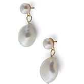 Caellia Freshwater Pearl Earrings, 14K Gold Plated Sterling Silver Teardrop Earrings with Freshwater Pearls