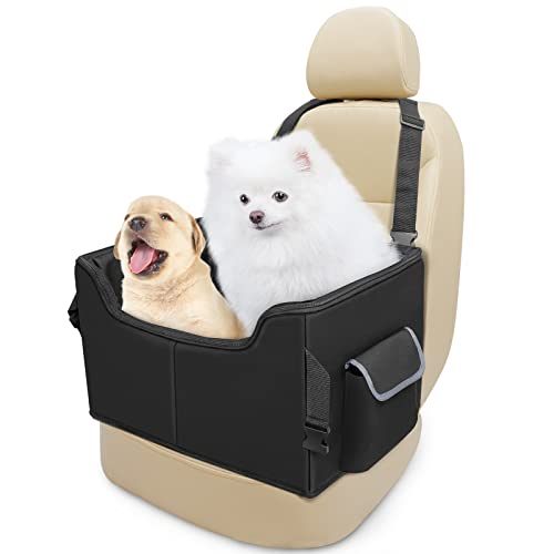 INFANZIA Dog Car Booster Seat, Elevated Pet Car Seats for Medium Dogs with Safety Leash, Washable Lookout Puppy Travel Car Seat with Storage Pockets for Pets Under 45Lbs (Medium, Matte Black)