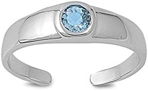 Sterling Silver Classy Toe Ring with Centered Aquamarine Simulated Diamond, Face Height of 5 MM