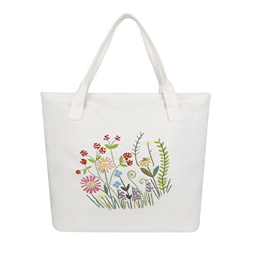 Embroidery Kit Canvas Tote Bag with Patterns for Beginners, Personalized Canvas Bag Kits, Bamboo Embroidery Hoop, English Instruction for DIY Crafts with Tools