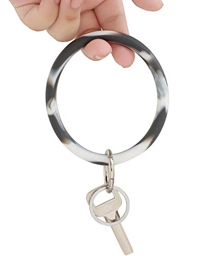 Coolcos Women & Kids Soft Large Circle Silicone Bracelet Keychain Circle Round Bangle Keyring Smooth & Flexible(Bracelet Silicone Marble Black)