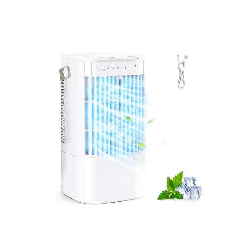 4-in-1 Mobile Air Conditioner, 1000ML Portable Air Freshener Without Evacuation, Misting Fan with 120° Oscillation, Timer and 7 Colors LED, for Office, Bedroom, Camping
