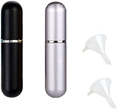 Glitterymall Pack of 2 Black and Silver Color 6ml Portable Mini Refillable Perfume Fragrance Scent Aftershave Atomizer Empty Spray Bottle Bottles with 2 Funnel Filler for Travel Purse (2pcs-6ml)