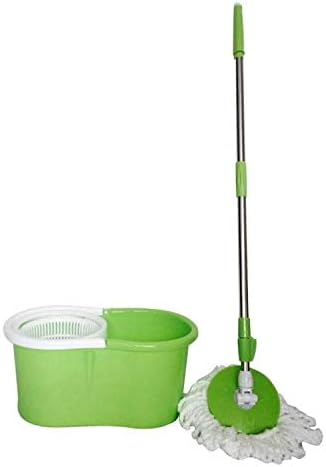 Spin Mops with 1 Bucket & 2 Microfiber Heads, Extended Length Adjustable Mop Pole with Stainless Steel Mop Plate Green