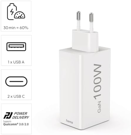 | Cargador rápido de Pared Universal. (Tecnología GAN 100w, 2X USB c Power Delivery, 1x USB a Quick Charge, Carga simultánea 3 Dispositivos) Blanco.