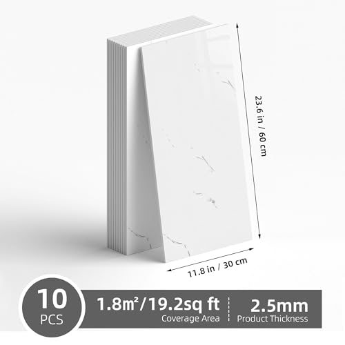 Vieshful 10 Adhesive Tiles 30 x 60 cm, Imitation Marble, Waterproof Adhesive Tiles for Kitchen, Bathroom, Living Room or TV Walls, White (Not Real Tiles)