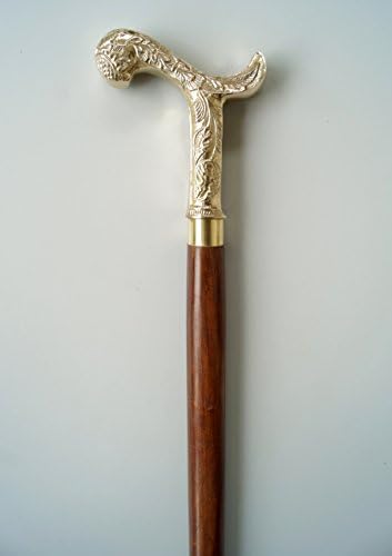 VINTAGE BRASS VICTORIAN DESIGNER CANE HANDLE WITH SILVER FINISH WOODEN STYLE WALKING STICK