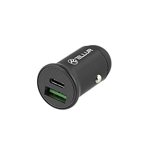 TELLUR FCC7 Cargador Coche Carga Rapida, Cargador Auto USB C con PD-Power Delivery, MAX.60W en 24V, MAX.30W en 12V, QC 30W USB con Supercarga de Huawei, Compatible con iPhone Carga rápida, Aluminio