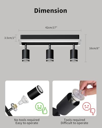 LVWIT Ceiling Lamp with 3 Rotating Spotlights, Long Bedroom Ceiling Lamp, GU10 Ceiling Lamps, Black Indoor LED Spotlights, Ceiling Lamps for Living Room, Kitchen, Bathroom (No Bulb)