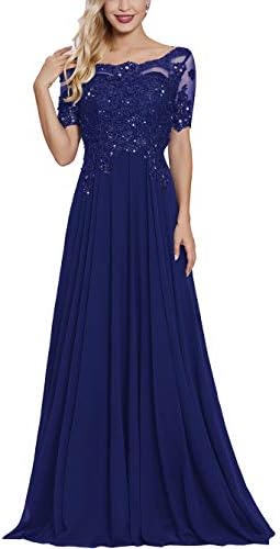 Lace Applique Beaded Mother of The Bride Dresses Long with Sleeves Bateau Neck Maxi Formal Evening Gown