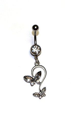 Jewel Fashion surgical steel Dangle Mini butterfly Belly ring (White)