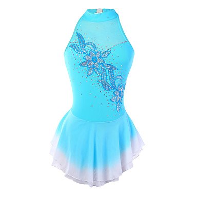 Skating Queen Figure Skating Dress for Girls Women Ice Skating Competition Performance Costume Rhinestone Sequin Halter Neck Handmade Professional Skating Wear Sleeveless Light Blue, child 12