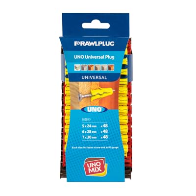 Rawlplug Uno Universal Wall Plugs Set 6, 7, 8 mm | Rawl Plugs for Plasterboard, Masonry, Brick, Concrete | Solid Wall Plug Anti Rotation Features | Plasterboard Fixings Plug Pack of 144,Multicolour