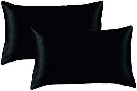 HuntaDeal Silky Satin Pillowcases Queen Standard For Facial Beauty Hair Health Face Care Hypoallergenic Set of 2 (Black)