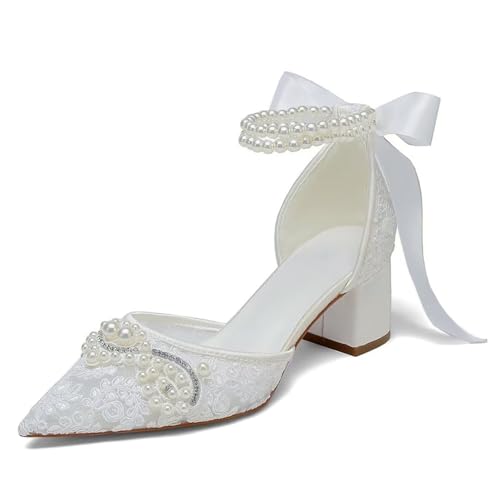 Jotwry Block Heel Wedding Shoes for Bride Pointed Toe Lace Pearl Bridal Heels-White-9 at Amazon