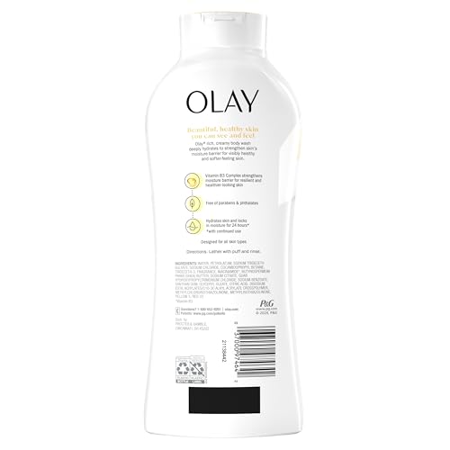 OLAY BODY WASH FOR WOMEN, ULTRA MOISTURE, 24HR MOISTURIZING, HYDRATING & REFRESHING, B3 VITAMIN COMPLEX, FREE OF PARABENS & PHTHALATES, FOR ALL SKIN TYPES, SHEA BUTTER SCENT, 22 FL OZ