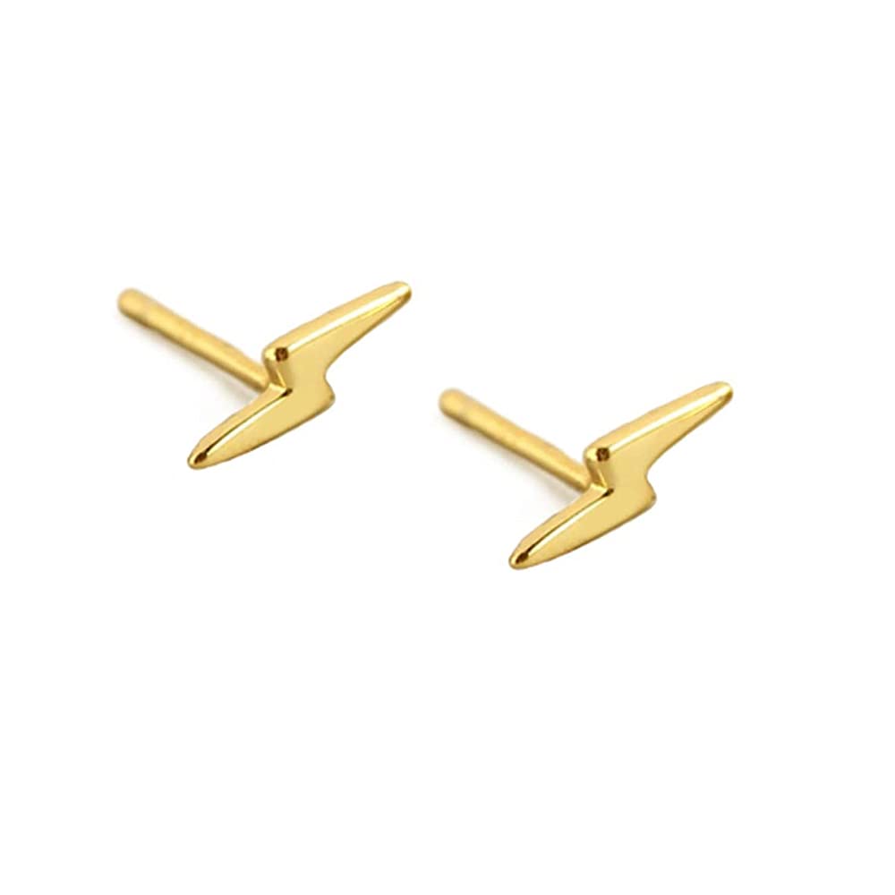 Sterling Silver Lightning Bolt Tiny Stud Earrings for Women Girls Men Hypoallergenic Pierced Ear Minimalist Polished Mini Flash Thunder Button Tragus Post Pin Body Jewelry (Gold)
