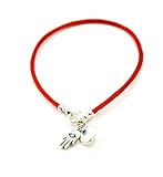 Men's 8 Inch Silver Hamsa Hand with White Evil Eye Red String Bracelet - Charm Bracelet for Protection