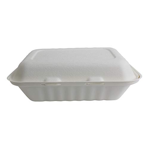 Brheez 9"x6"x3" Take-Out Natural Disposable Clamshell Lid Containers, Biodegradable, Compostable & Chemical Free - Pack of 50