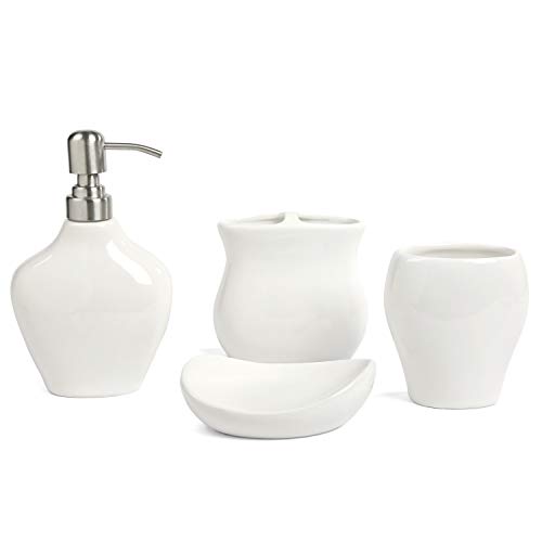 FORLONG Ceramic Bathroom Accessories Set of 4,1 Gargle Cups1 Toothbrush Holders 1 Soap Dishes 1 Soap Dispenser White