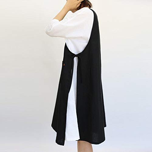 KESEELY Women Cotton Loose Dress Plus Size Solid Color Tunic Dress 2019 Apron with Pockets Dress Black - Thumbnail 2