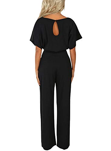 Asyoly Women Casual Long Pants Loose Wide Legs Jumpsuits Rompers Batwing Sleeve Round Neck Black