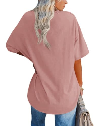 Casual Oversized T Shirts for Women Short Sleeve V Neck Basic Solid Cotton Tops