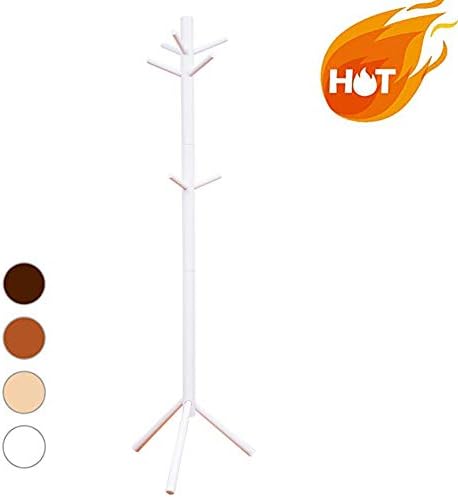 Standing Coat Rack, Entryway Hall Coat Tree Hat Hanger Holder, 9 Hooks 69" Solid Rubber Wood Jacket Scarves Rack Tree with Base for Clothes Handbags Umbrella (White)