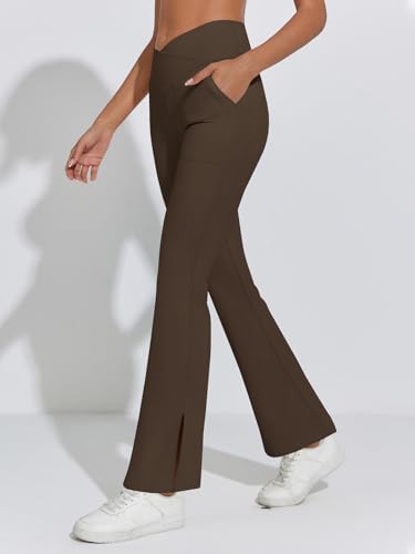 YWYXHZHA WOMEN’S CASUAL CROSSOVER WAIST FLAIR LEGGINGS FLARED BELL BOTTOM LEGGINGS WITH POCKET (BROWN, XX-LARGE)