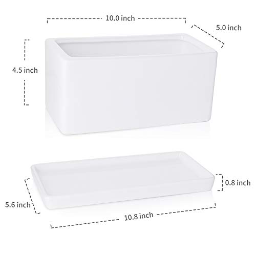 Greenaholics Succulent Plant Pot - 10Inch Rectangle Ceramic Planter with Saucer, Window Box, for Small Plant, White