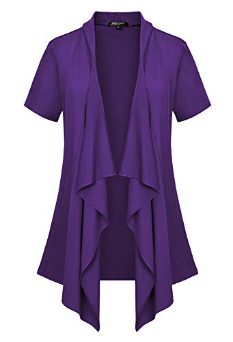Women's Short Sleeve Draped Open Front Cardigan Vest Asymmetric Hem (2XL, Purple)