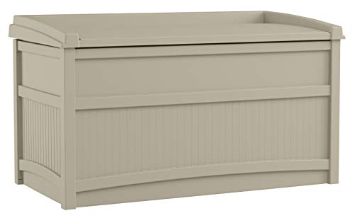 Suncast 50 Gallon Box Small Waterproof Outdoor Storage Container for Gardening Tools, Athletic Equipment and More Store Items on Deck, Patio, Backyard, Taupe