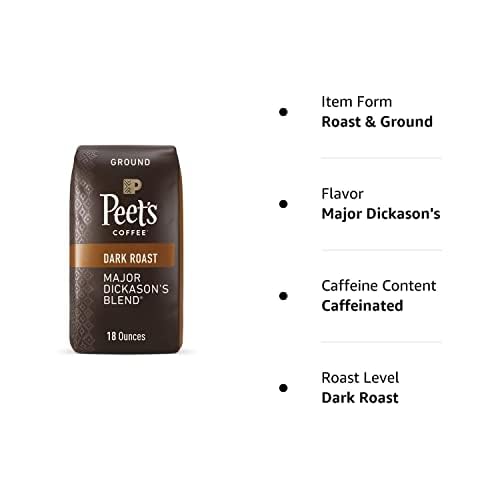 PEET’S COFFEE, DARK ROAST GROUND COFFEE, 100% ARABICA COFFEE – MAJOR DICKASON’S BLEND 18 OUNCE BAG
