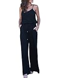 Kbook Women's Solid Color Sleeveless Strap Drawstring Casual Wide Pants Jumpsuit Romper