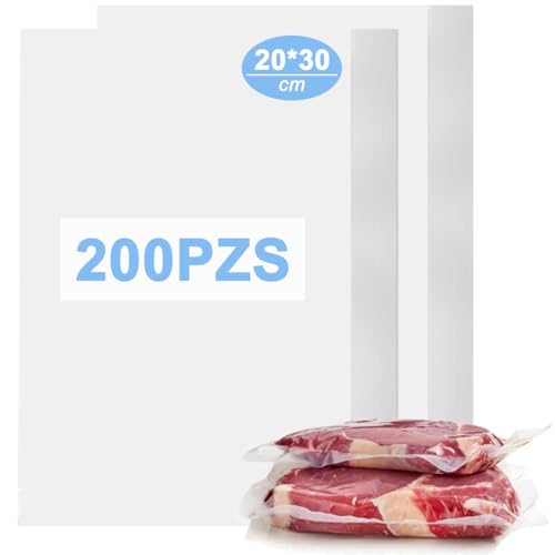 200PZS Bolsas para Sellar al Vacío 20*30cm, Bolsas de Vacio para Alimentos sin BPA, Bolsa Gofrada Envasar Resistente, Bolsa Lisa Empaque al Vacío para Congelar Conservación Cocción Verdura Fruta Carne