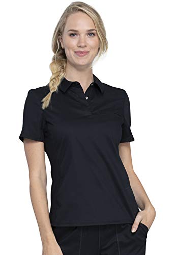 Cherokee Scrubs for Women Polo Top Snap Front Tuckable Scrub Shirt with Chest Pocket, Mesh Panels, Stretch Easy Care - WW698, Black at Amazon