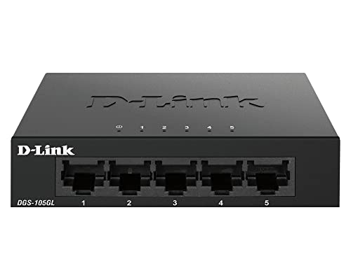 D-Link DGS-105GL 5-Port Gigabit Unmanaged Desktop Switch, Fanless, Low Profile, Metal Housing, Plug-and-Play, 802.3az EEE black DGS-105GL