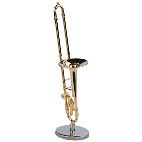 Mini Trombone with Stand Base Musical Instrument Goldplated Miniature Trombone