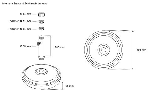 paramondo Sonnenschirm Schirmständer Standard Rund, Schwarz, Aus Polymerbeton, für Maststärke bis zu Ø 50mm, inkl. Adapterhülsen – Bild 4