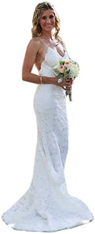 YinWen Women's V-Neck Spaghetti Straps 2017 Lace Floor Length Backless Beach Bridal Wedding Dress Size 8 US White