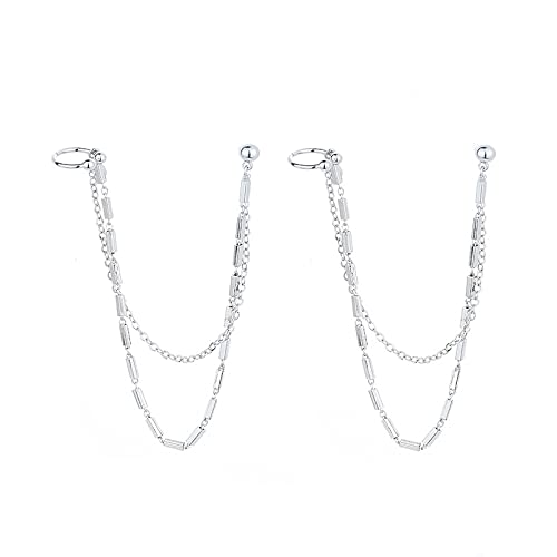 QIAMNI Double-layer Small Square Tassel Earrings Cuffs Clip for Women Teen Girls 925 Silver Long Chain Hypoallergenic Jewelry