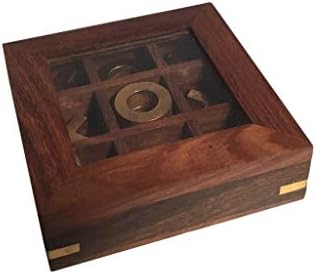 Mojopanda Our Childhood Game in a Sanded brownwooden Box Measuring 11 x 11 x 4 cm containing 1” x 1” x 1” cuboids Wearing Brass ‘X’ and ‘0’.