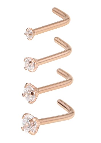 SkullParty 4 Pcs Stainless Steel Nose Rings Studs 18 Gauge L Shaped Curved Nose Piercing 1.5mm 2mm 2.5mm 3mm Diamond CZ Nose Stud L Bend for Women Girl Piercing - Rose Gold